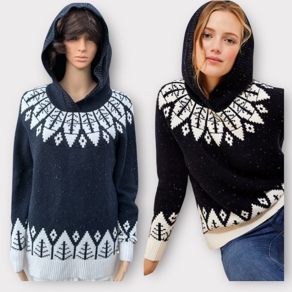 LOFT Hooded Sweater Navy Blue & White Hooded Sweater Geometric Pattern Size S